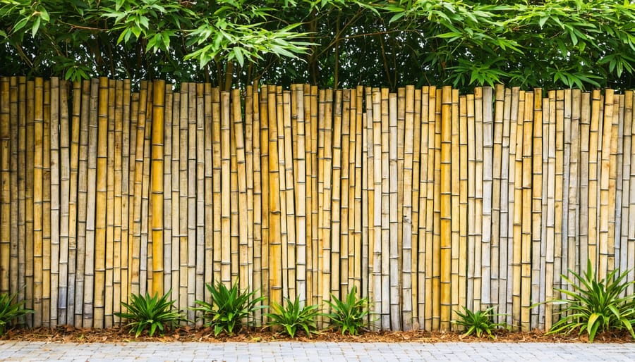 "Eco-friendly garden fence made of vertical bamboo poles, accentuated by a backdrop of lush greenery."