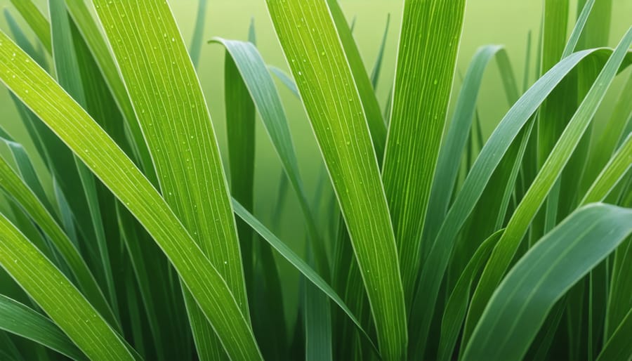 Detailed view of buffalo grass blade adaptations including waxy surface and rolled edges