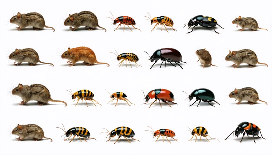 Common storage pests identification guide showing mice, clothes moths, and grain beetles