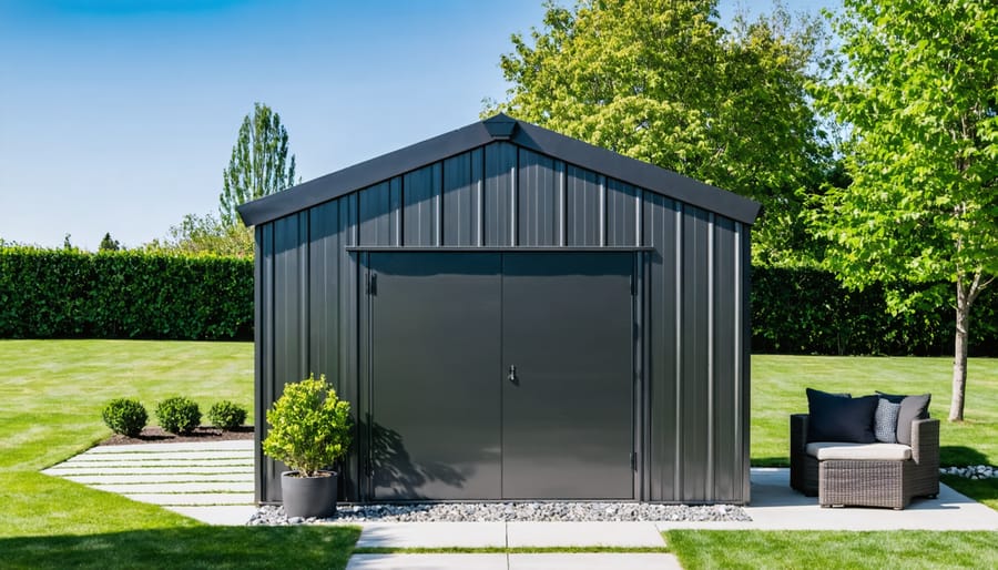 Garden shed with newly installed metal roof against blue sky