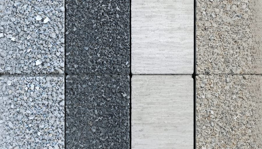 Comparison showing traditional concrete sample on left and eco-friendly concrete sample on right with recycled materials visible