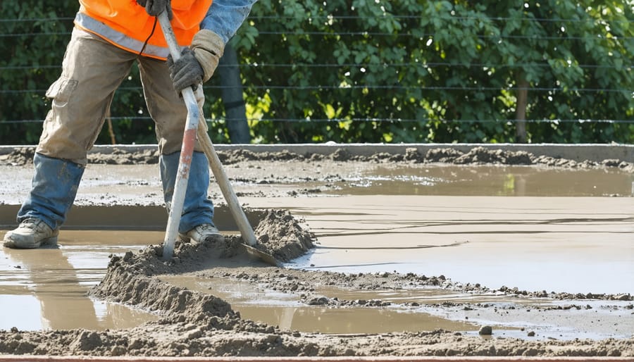 Construction worker demonstrating concrete pouring and finishing techniques for shed foundation