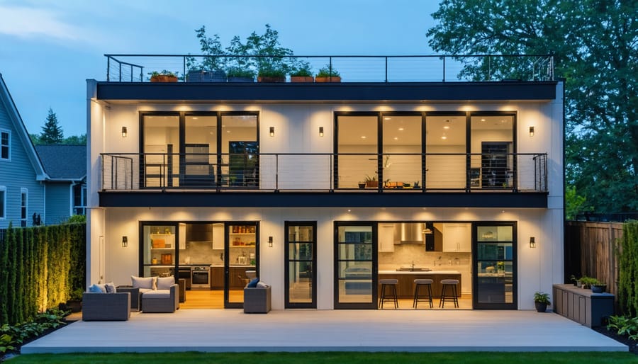 Illuminated modern two-story shed at dusk with large windows and glass doors