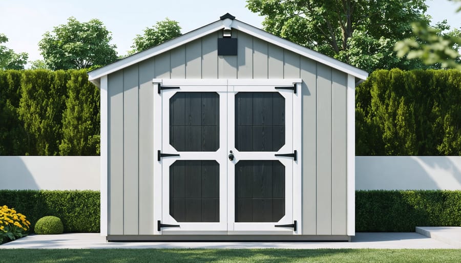 Modern storage shed matching home's architectural style in residential backyard