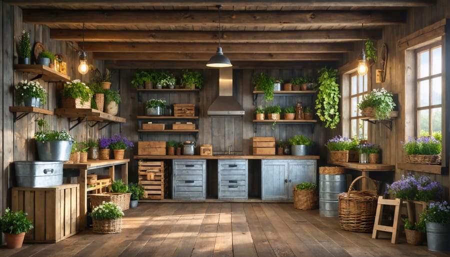 Interior of a rustic shed featuring exposed wooden beams, reclaimed barn wood walls, vintage lighting, and rustic storage solutions with wooden crates and woven baskets.