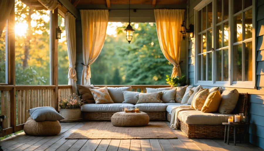 "Three-season porch transformed with cushions, curtains, and rugs, bathed in warm sunlight for a cozy, year-round haven."