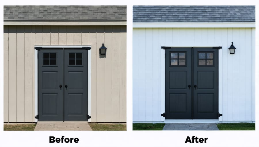 Split image showing untreated shed door with visible gaps versus properly weatherstripped door
