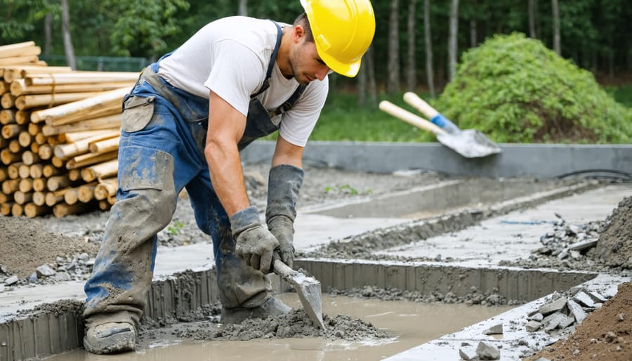 Worker installing low-carbon concrete foundation for garden shed with recycled aggregate materials nearby