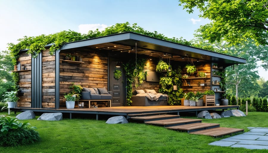 Conceptual illustration of an eco-friendly shed merging reclaimed wood and recycled metal, surrounded by greenery and bathed in natural light.