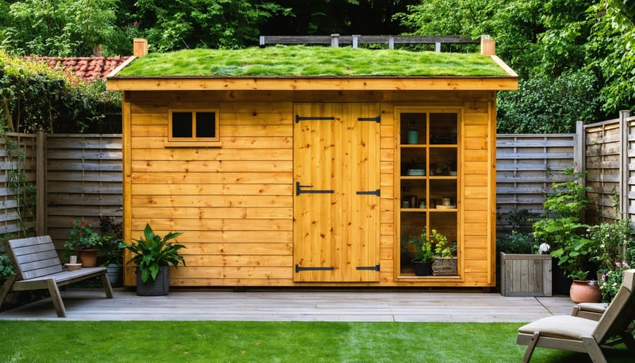"Sustainable wooden shed with a living green roof, built from reclaimed wood in a garden setting."