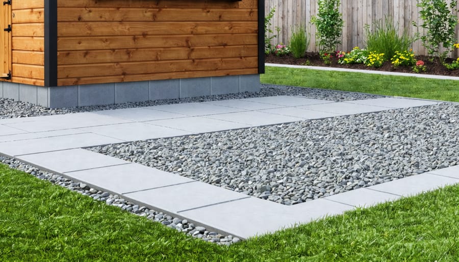 Illustration of a Tuff shed foundation using eco-friendly materials, including recycled concrete and permeable pavers, with sustainable landscaping surrounding the site.