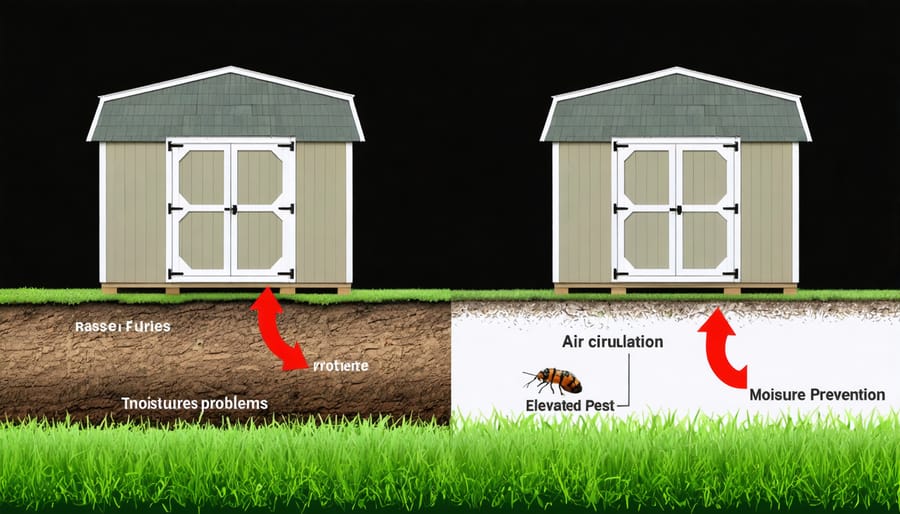 Illustration of a raised shed foundation highlighting air circulation and moisture prevention benefits, contrasted with a ground-level shed showing wood rot and pest issues.