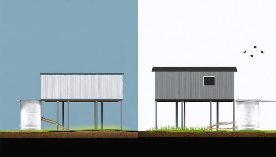 Split illustration comparing benefits of elevated shed foundation versus problems with ground contact