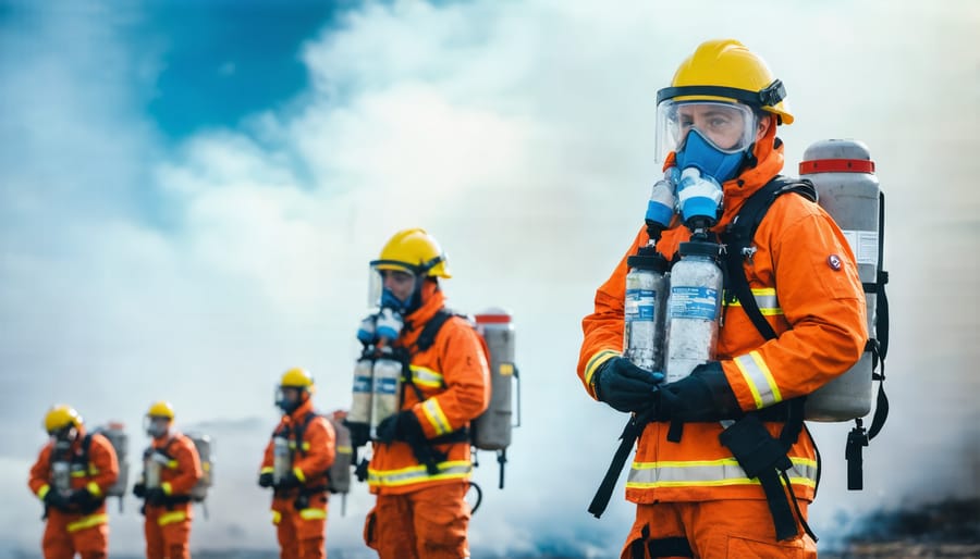 Emergency response team in protective gear conducting hazmat safety drill