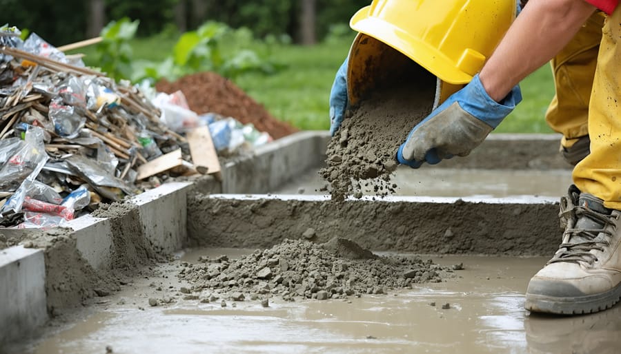 Construction worker pouring eco-friendly, low-carbon concrete into a shed foundation, with recycled aggregates and carbon-capturing materials featured, highlighting green building practices.