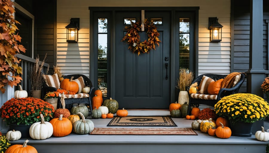 Autumn-decorated porch with cozy seating, warm lighting, and seasonal textiles