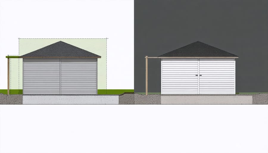 Comparison showing a stable shed on concrete foundation versus a deteriorating shed on bare ground