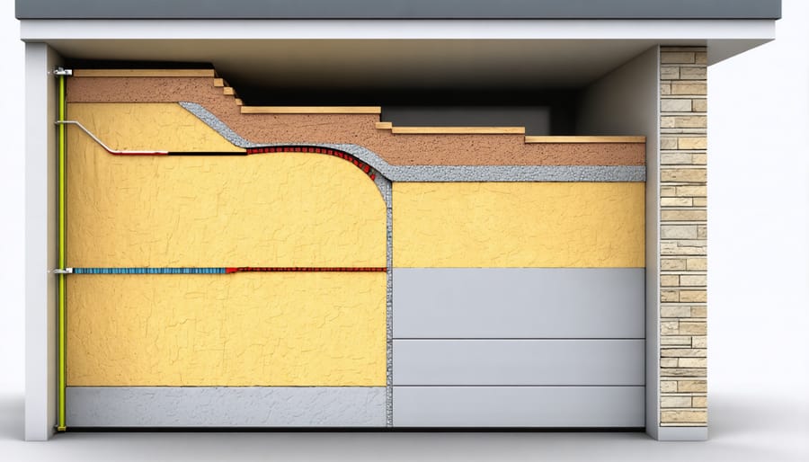 Cutaway diagram of garage wall insulation layers with R-value indicators