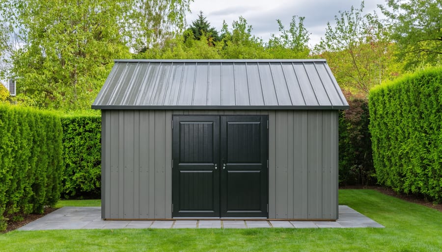 "Garden shed fitted with a new metal roof, surrounded by green foliage under a bright sky."
