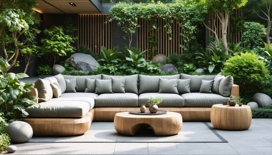 Wooden garden storage bench surrounded by container gardens with flowering plants