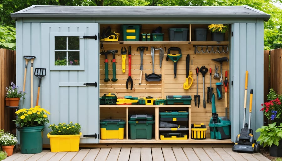 Organized garden shed interior showing efficient storage systems for gardening tools