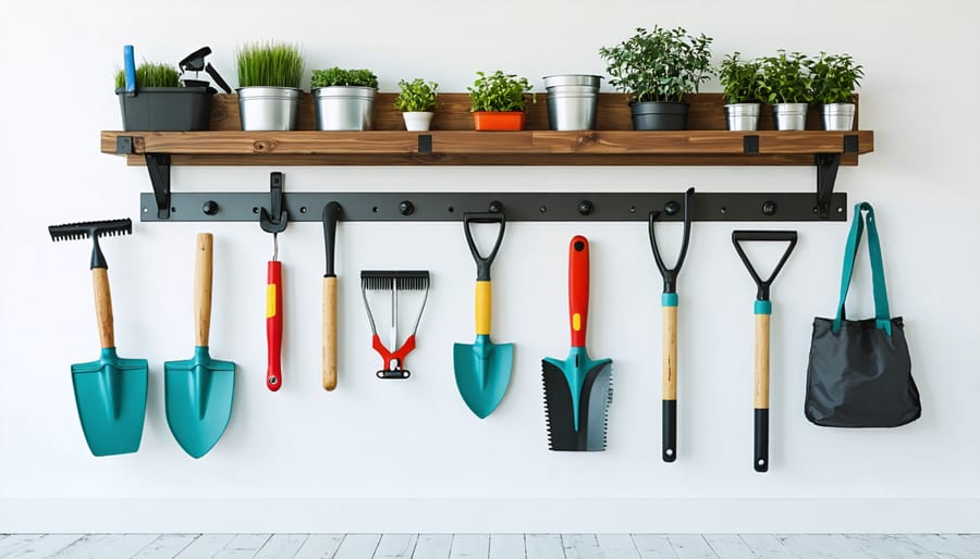 Garden tools organized on modular wall storage system