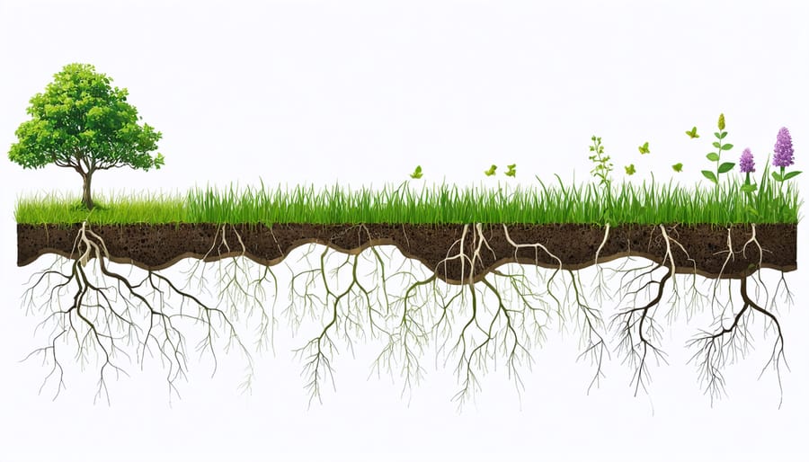 Illustration comparing deep prairie grass roots extending several feet below ground versus shallow garden plant roots