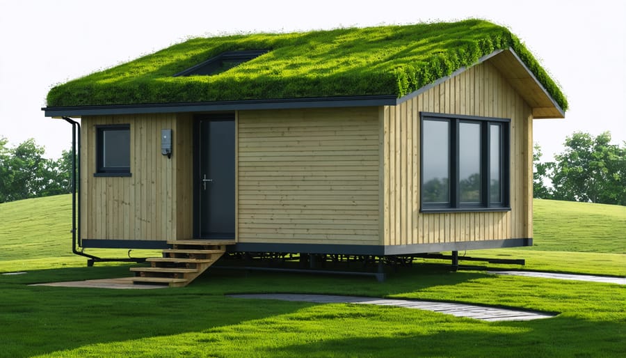 Garden shed featuring living green roof planted with sedums and visible rain barrel collection system