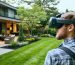 "A backyard equipped with augmented reality technology showing designs through AR glasses, merging digital elements with the natural environment."