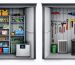 A storage shed with humidity control systems, including elevated shelves, a smart dehumidifier, and visible moisture absorbers, contrasting the effects of poor moisture management such as rusted tools and mold.