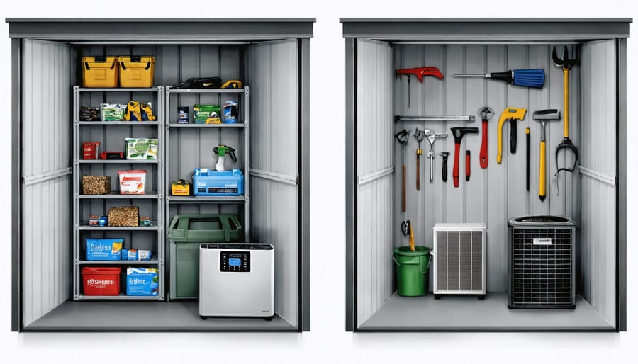 A storage shed with humidity control systems, including elevated shelves, a smart dehumidifier, and visible moisture absorbers, contrasting the effects of poor moisture management such as rusted tools and mold.