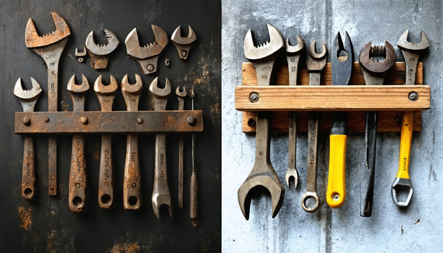Side-by-side comparison of rusted tools damaged by moisture and properly stored tools in good condition