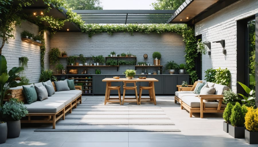 Modern backyard featuring organized garden beds and matching storage shed
