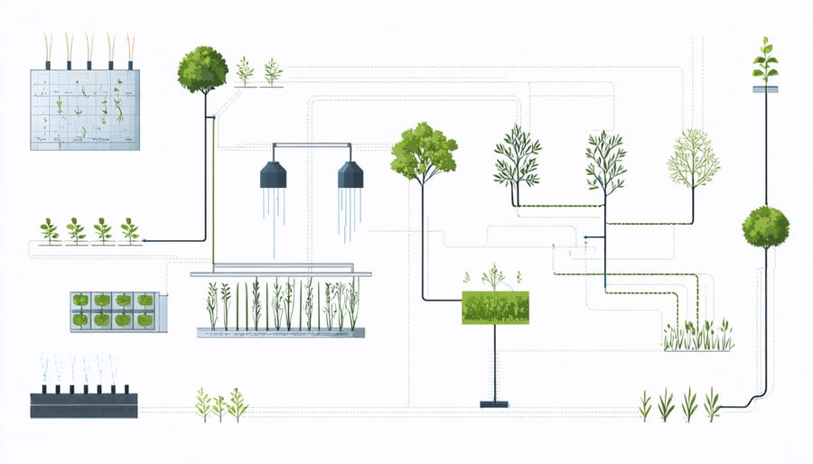 Labeled diagram of irrigation system parts including timer, tubing, connectors, and sprinklers