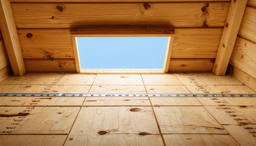 Overhead view of person measuring and marking skylight location on metal shed roof