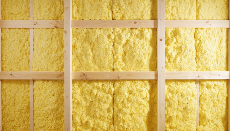 Mineral wool insulation batts displayed against wooden shed wall frame