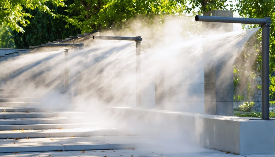 Step-by-step photo collage of installing an outdoor misting cooling system