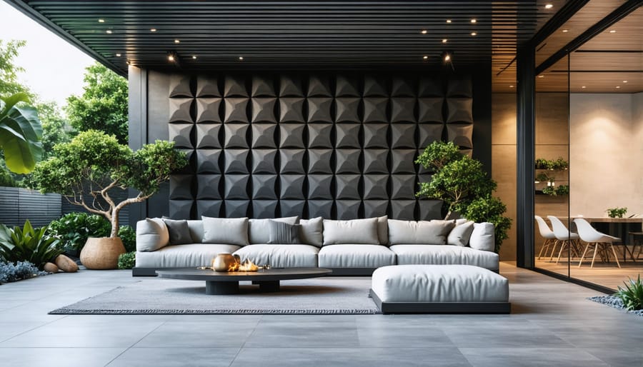 Stylish outdoor acoustic panels installed in modern backyard setting with furniture