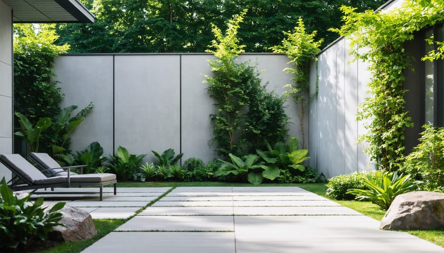 "Backyard with modern acoustic panels, integrated into lush greenery, demonstrating a tranquil outdoor space."