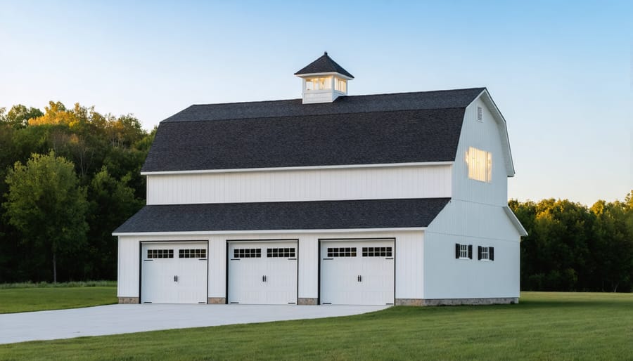 Modern two-story barn-style shed with natural wood siding and white trim in landscaped setting