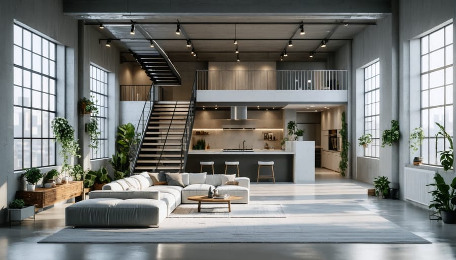 Interior view of two-story shed showing modern staircase and bright loft space