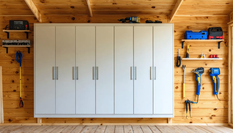 "Modern modular electrical enclosure with organized wiring installed on wooden shed wall."