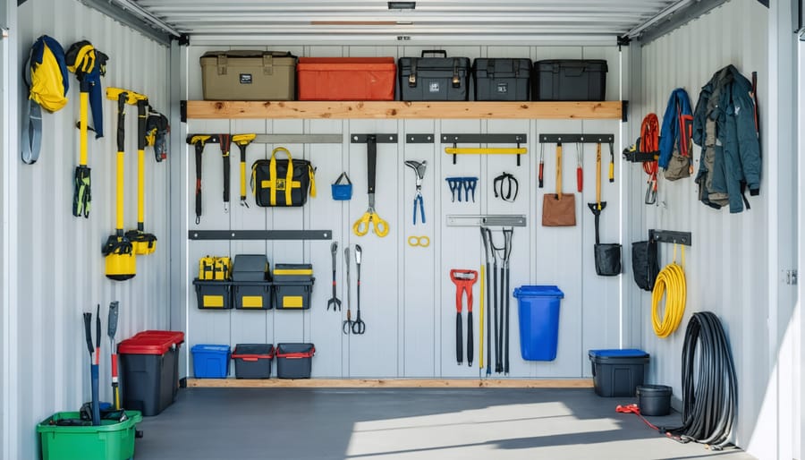 Interior view of organized shed with modular storage systems and adjustable shelving