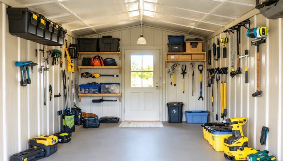 "Interior view of a shed with modular storage, adjustable shelves, and ample space, captured in bright daylight."