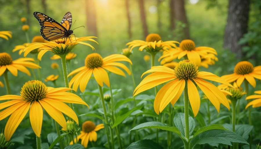 Close-up of purple coneflowers and black-eyed susans with bees and butterflies feeding on nectar