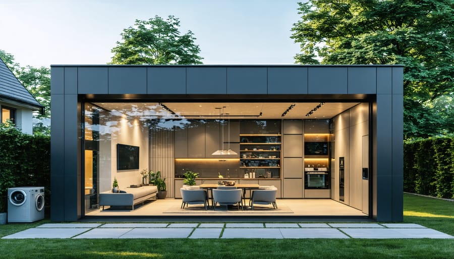 Garden shed interior illuminated by natural light through strategic window placement and skylights