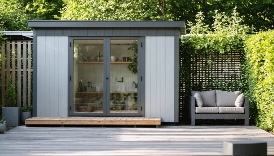 Bright shed interior naturally lit through strategic window and skylight placement