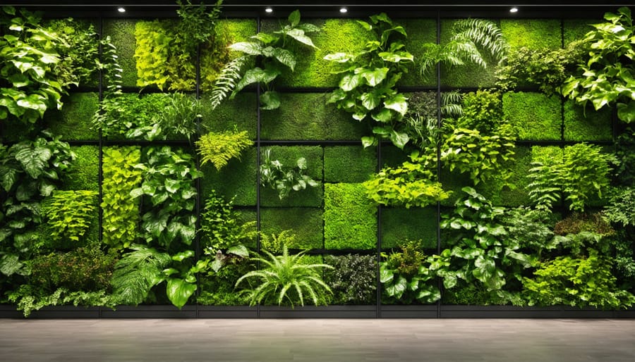 Acoustic panels covered with climbing plants and flowers in garden setting