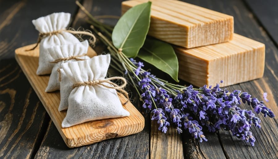Various natural pest deterrent materials arranged on a wooden surface