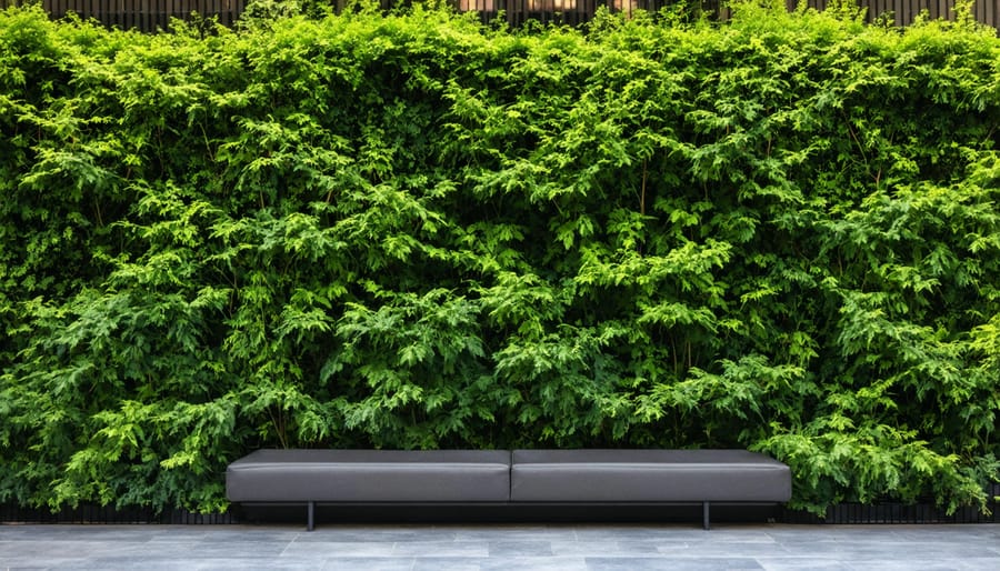 Modern outdoor workspace surrounded by bamboo plants and hedges for sound control